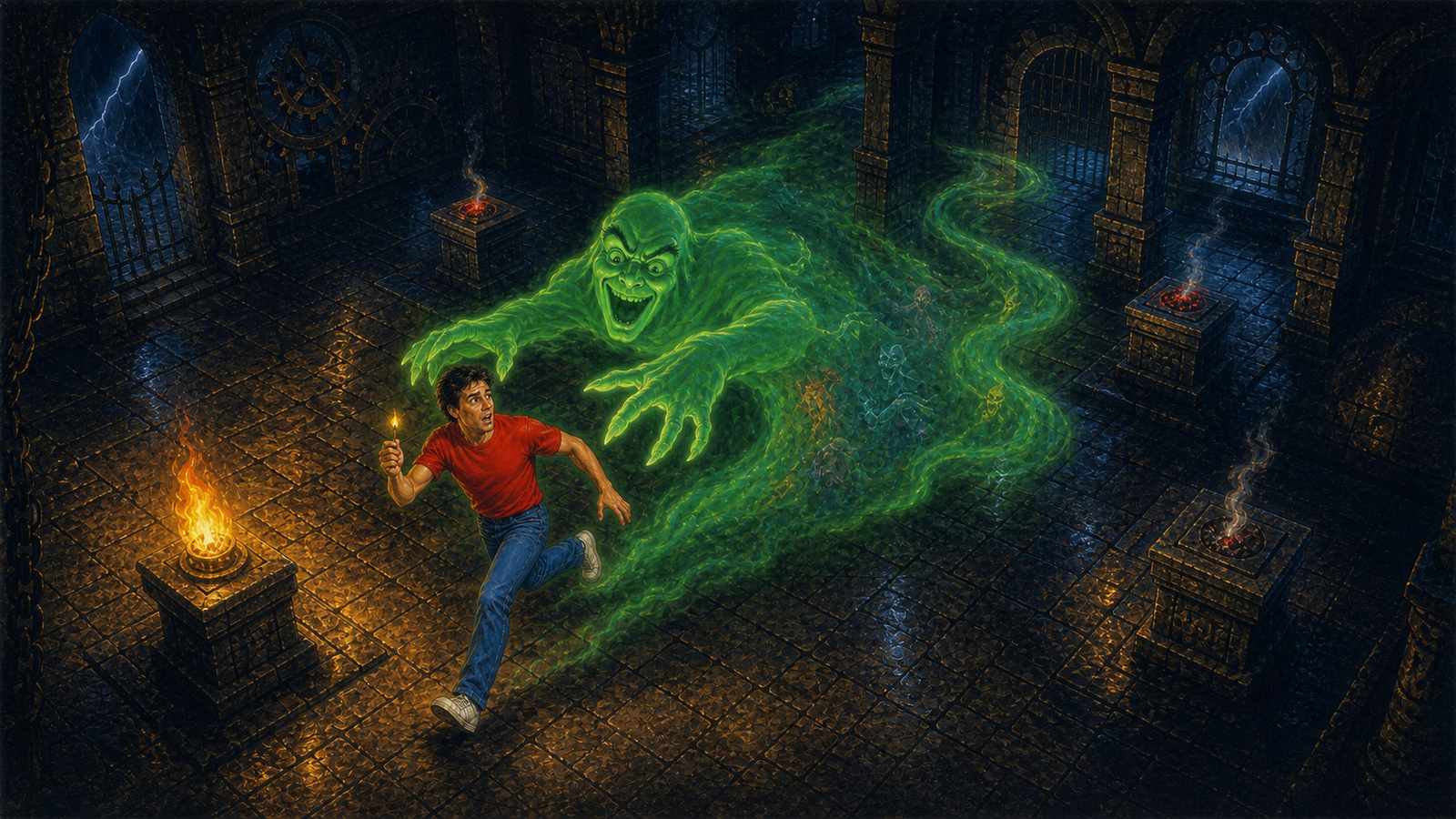Nico de camisa vermelha e calça azul foge do Fantasma Verde entre as quatro tochas do castelo